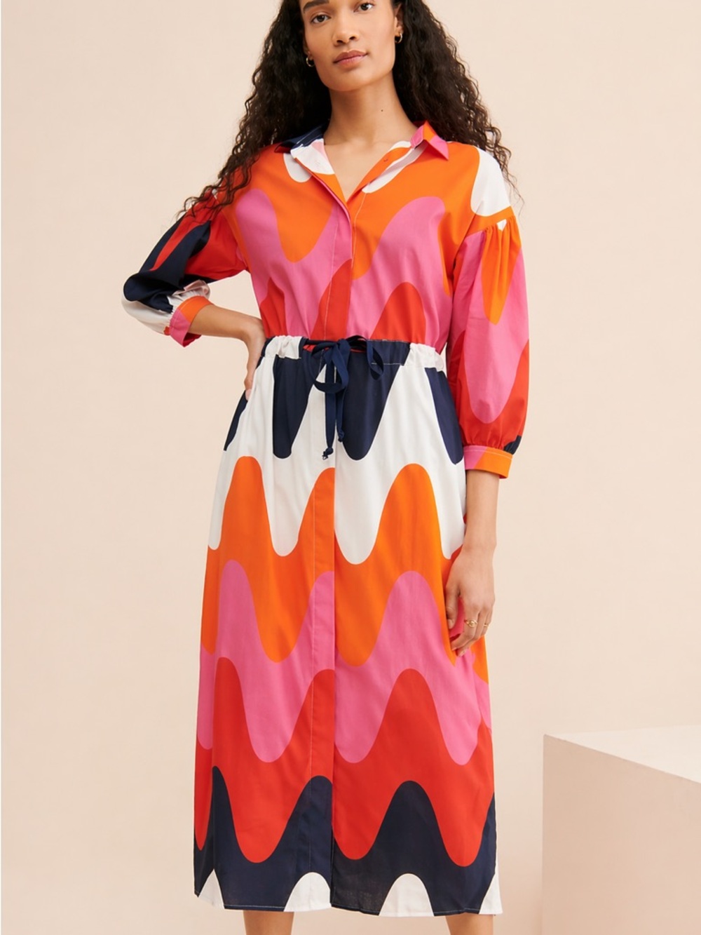 Vilagallo Lipa Vibrant Wave Print Button-Front Cotton Midi Dress Size 6